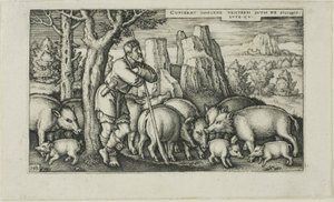Der verlorene Sohn bei den Schweinen, Platte drei aus Die Geschichte des verlorenen Sohnes von Hans Sebald Beham