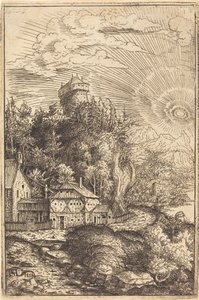 Landschaft mit einem Schloss und strahlender Sonne
