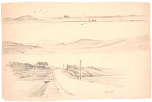 Studienblatt mit drei Landschaften aus Jütland. Oben: Landschaft mit Acker; Mitte: Landschaft mit hohen Hügeln; Unten: Landschaft mit Haus und Weg