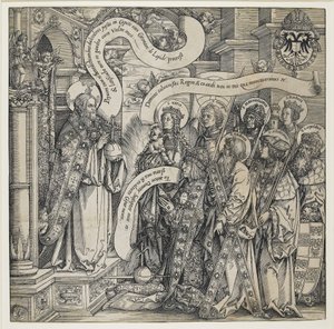 Maximilian wird von seinen Schutzheiligen dem Allmächtigen vorgestellt, 1519 von Hans Springinklee