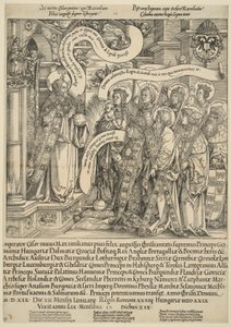 Der Kaiser Maximilian wird von seinen Schutzheiligen Christus vorgestellt