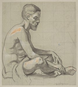 Akt eines sitzenden Mannes, Umriss einer weiblichen Figur