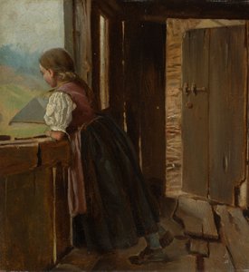 Mädchen auf der Laube eines Bauernhauses von Hans Thoma