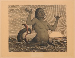 Nereida mit erhobenen Armen vor aufgehender Sonne von Hans Thoma