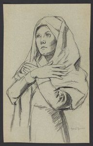 Studie einer jungen Frau in einem langen Schal, mit verschränkten Armen auf der Brust von Hans Thoma