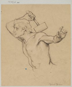 Studie eines nackten Mannes, bis zur Taille dargestellt, der einen Hammer hebt von Hans Thoma