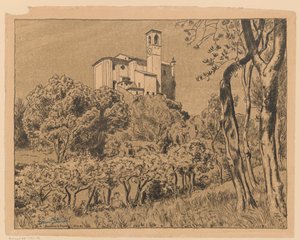 Ansicht der Kirche St. Nikolaus der Wundertäter auf dem Hügel in Gardone Riviera am Gardasee, Lombardei von Hans Thoma