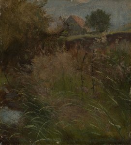 Wiese, im Hintergrund ein Bauernhaus von Hans Thoma