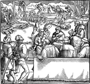 Gerichtsverhandlung. Illustration aus dem Buch Phisicke Against Fortune von Petrarca, 1532