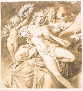 Mars streichelt Venus; links ein Amor, der ihr einen Kranz reicht von Hans von Aachen