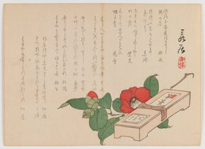 Kamelie mit Süßigkeitenbox (Yokan), ca. 1860