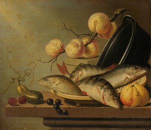 Stillleben mit Fisch und Obst