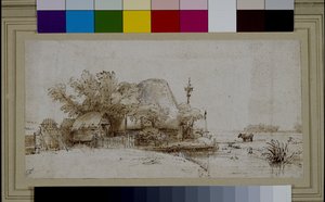 Landschaft mit Bauernhaus an einem Fluss
