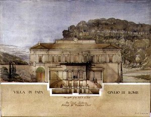 Ansicht des Querschnitts durch den Brunnenhof der Villa di Papa Giulio in Rom von Harold Chalton Bradshaw