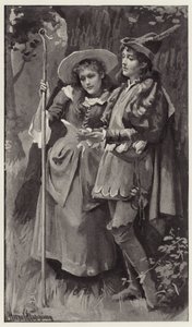Ganimed und Aliena waren seltsam überrascht, den Namen Rosalind auf den Bäumen eingeritzt zu finden von Harold Copping