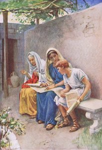 Timotheus wird die Schrift gelehrt, Illustration aus Harold Copping Bilder: Die Kronen-Serie, ca. 1920er von Harold Copping