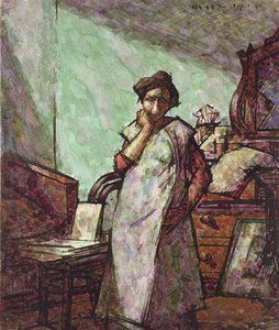 Innenraum mit Mrs. Mounter in einem Kittel von Harold Gilman