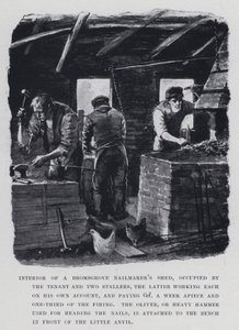 Innenansicht einer Bromsgrove-Nagelschmiede, bewohnt vom Mieter und zwei Stellern, die jeweils auf eigene Rechnung arbeiten und 6d pro Woche und ein Drittel der Feuerung zahlen