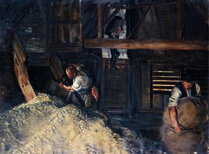 Arbeiter: Arbeiter beim Abfüllen von Hopfen von Harold Oakley