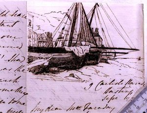 Vignette von Fischerbooten in Hastings, eine Skizze in einem Brief an Michael Faraday, 23. September 1853 (Feder und Tinte auf Papier)