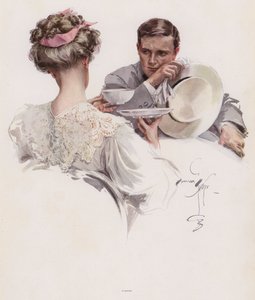Mann wartet darauf, dass eine Frau ihm ein Geheimnis anvertraut von Harrison Fisher