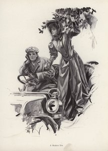 Frau pflückt Äpfel aus einem Auto (Lithografie) von Harrison Fisher