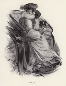 Frau sitzt mit ihrem Hund in einer Kutsche von Harrison Fisher