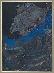 Eine Illustration, die ein Schiff auf See und Fische darunter zeigt.