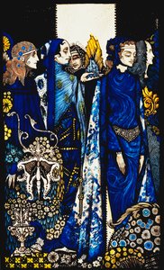 Etain, Helen, Maeve und Fand, Golden Deirdres zarte Hand. "Königinnen", neun Glasplatten geätzt, gefärbt und bemalt, Illustration von J.M. Synges Gedicht, 1917
