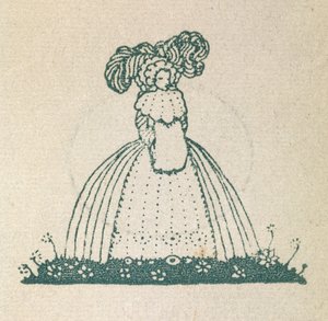 Illustration, die eine Frau zeigt, die ein großes Kleid trägt. von Harry Clarke