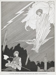 "Jupiter erschien vor ihm und schwang seine mächtigen Blitze." Illustration für "die lächerlichen Wünsche." von Harry Clarke
