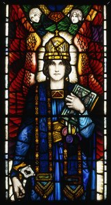 St. Peter, ein Glasfenster, das den geflügelten jugendlichen St. Peter mit Mitra zeigt, der symbolische Schlüssel und Buch hält, mit einem Paar begleitender Engel, ca. 1910-13