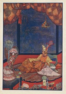 Die Nachtigall. Der künstliche Vogel hatte seinen Platz auf einem seidenen Kissen nahe dem Bett des Kaisers. von Harry Clarke