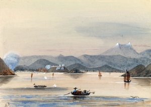 Die HMS Tribune auf dem Chuenpee-Fluss in Kanton (China), mit Ruderbooten und chinesischen Dschunken von Harry Edmond Edgell