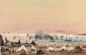 Die Landung bei Kinburn (Ukraine, Russland) im Oktober 1855, ein britisches Armeelager am Ufer, mit der Flotte vor Anker, einschließlich der HMS Tribune