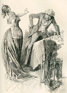 Edith und Mr. Carker. "Er kam fröhlich auf sie zu, als sie im nächsten Moment das Messer vom Tisch aufhob und einen Schritt zurücktrat. "Bleib stehen," sagte sie, "oder ich werde dich ermorden!" Illustration von Harry Furniss für den Charles Dickens Roman von Harry Furniss