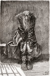 Fagin in der Todeszelle. "Er setzte sich auf eine Steinbank gegenüber der Tür, die als Sitz und Bett diente, und warf seine blutunterlaufenen Augen auf den Boden, um seine Gedanken zu sammeln." Illustration von Harry Furniss für den Roman von Charles Dicke von Harry Furniss