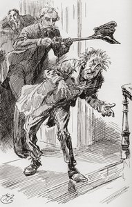 Mr. Wrayburns Methode der Ausweisung. "Die Tatsache, dass Mr. Dolls eine Neigung zeigte, einzuschlafen, was einen längeren Aufenthalt auf dem Gelände drohte, erforderte energische Maßnahmen. Also nahm Eugene seinen abgenutzten Hut mit der Zange, setzte ihn von Harry Furniss