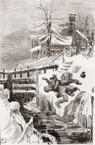 Der Todeskampf im Schloss. "Hab ich dir nicht gesagt." "Ich halte dich lebendig, und ich halte dich tot." schrie Bradley, als Riderhood rückwärts über die glatte Grube ging und Bradley Headstone auf ihm." Illustration von Harry Furniss für den Roman von Ch von Harry Furniss