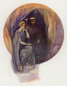 Proserpina sitzt in langen schwarzen Gewändern auf einem großen schwarzen Thron mit dem wilden schwarzen König neben ihr von Harry George Theaker
