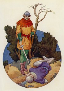 Robin schlug zu und mit einem großen Schlag legte er Guy von Gisborne tot von Harry George Theaker