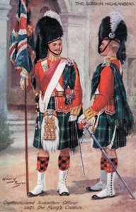 Die Gordon Highlanders, Hauptmann und Unteroffizier, mit den Farben des Königs