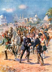 Das Treffen von Sir Colin Campbell und General Outram. Entsatz von Lucknow (Farblitho) von Harry Payne