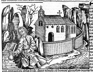 Ein Pilger hält während seiner Reise in einem Kloster an, nach Hartmann Schedels "Nürnberger Chronik" von Hartmann Schedel
