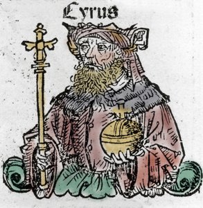 Kyros II. (529 v. Chr.), bekannt als Kyros der Große, Gründer des Persischen Reiches. Holzschnitt aus „Chronik von Nürnberg“ von Hartmann Schedel von Hartmann Schedel