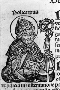 Porträt von Polykarp von Smyrna, Bischof. Gravur aus den „Chroniken von Nürnberg“ von Schedel Hartmann von Hartmann Schedel