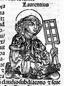 Sankt Laurentius hält in seiner Hand den Rost, ein Instrument seines Martyriums. Gravur aus dem „Liber Chronicarum von Hartmann Schedel“