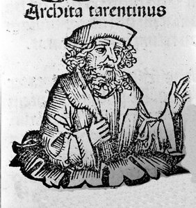 Der griechische Philosoph Archytas von Tarent (435-347 v. Chr.), Pythagoreer, Mathematiker, Astronom. Xylographie aus „Chroniken von Nürnberg“ von Hartmann Schedel