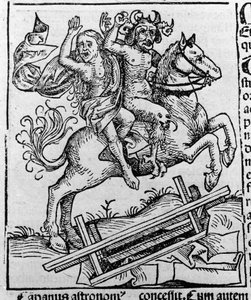 Der König, die Hexe und die Berkeley-Kröte von William of Malmesbury. Darstellung der Berkeley-Hexe, die von Dämonen aus dem Sarg geholt wird. Gravur aus Hartmann Schedels „Liber chronicarum“, Nürnberg 1493