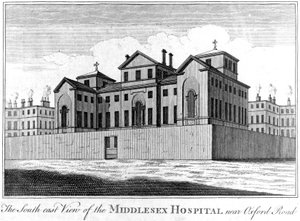 Die Südostansicht des Middlesex-Krankenhauses, 1745 von Haynes King